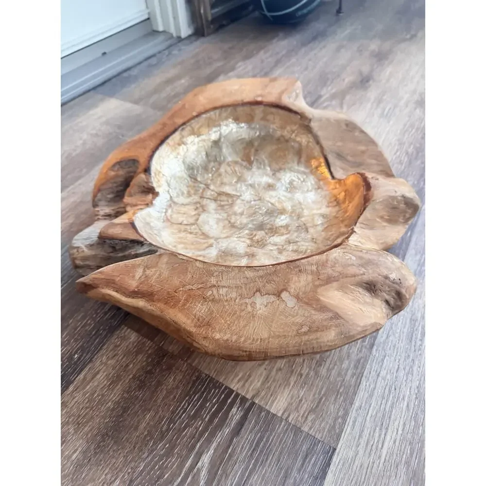 Teak Root Wood Bowl Capiz Shell Inlay 17”Handmade Decorative Centerpiece
